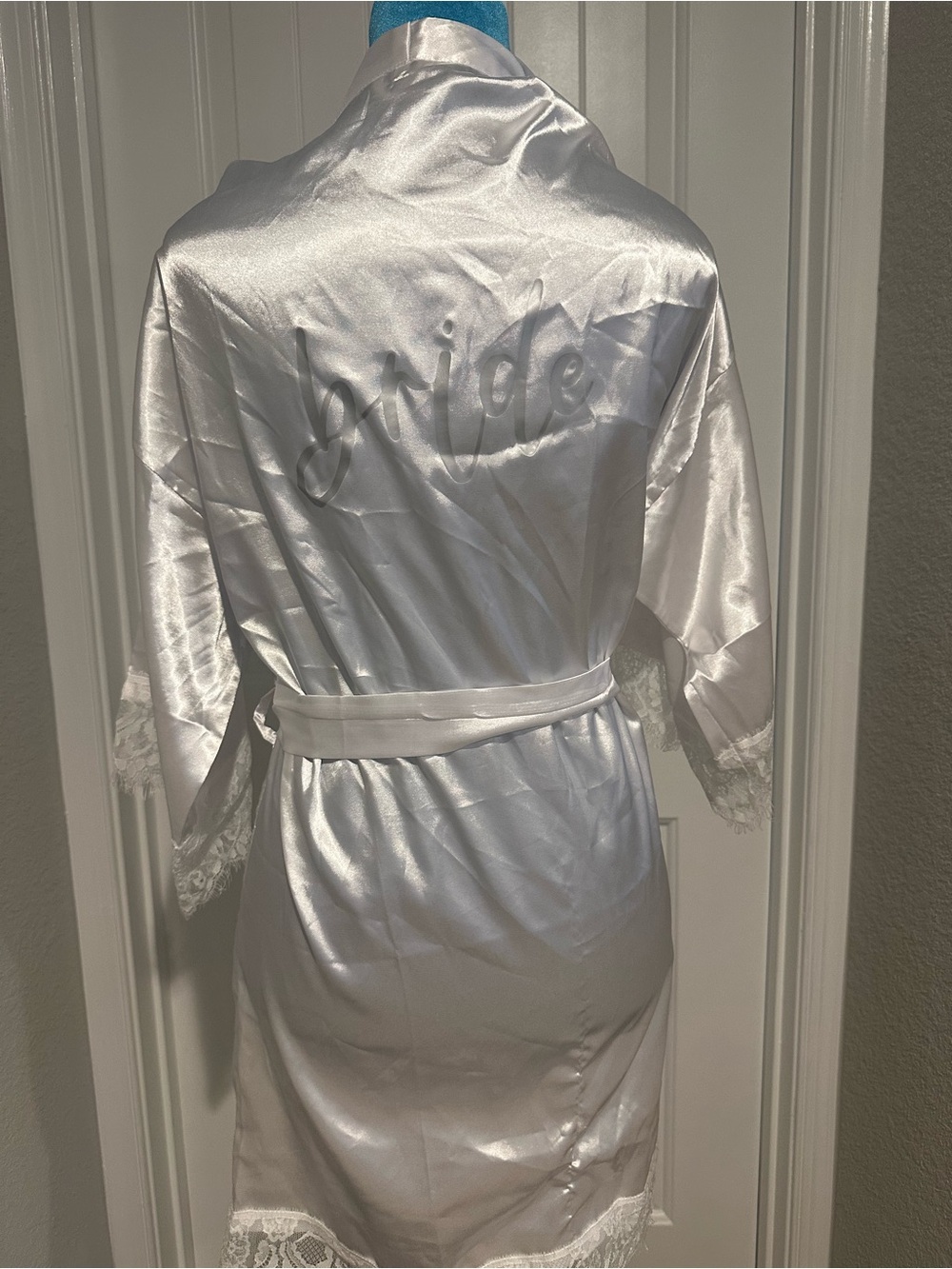 White Satin Bride Robe Lace Trim Bridal Getting Ready Wrap Kimono Style